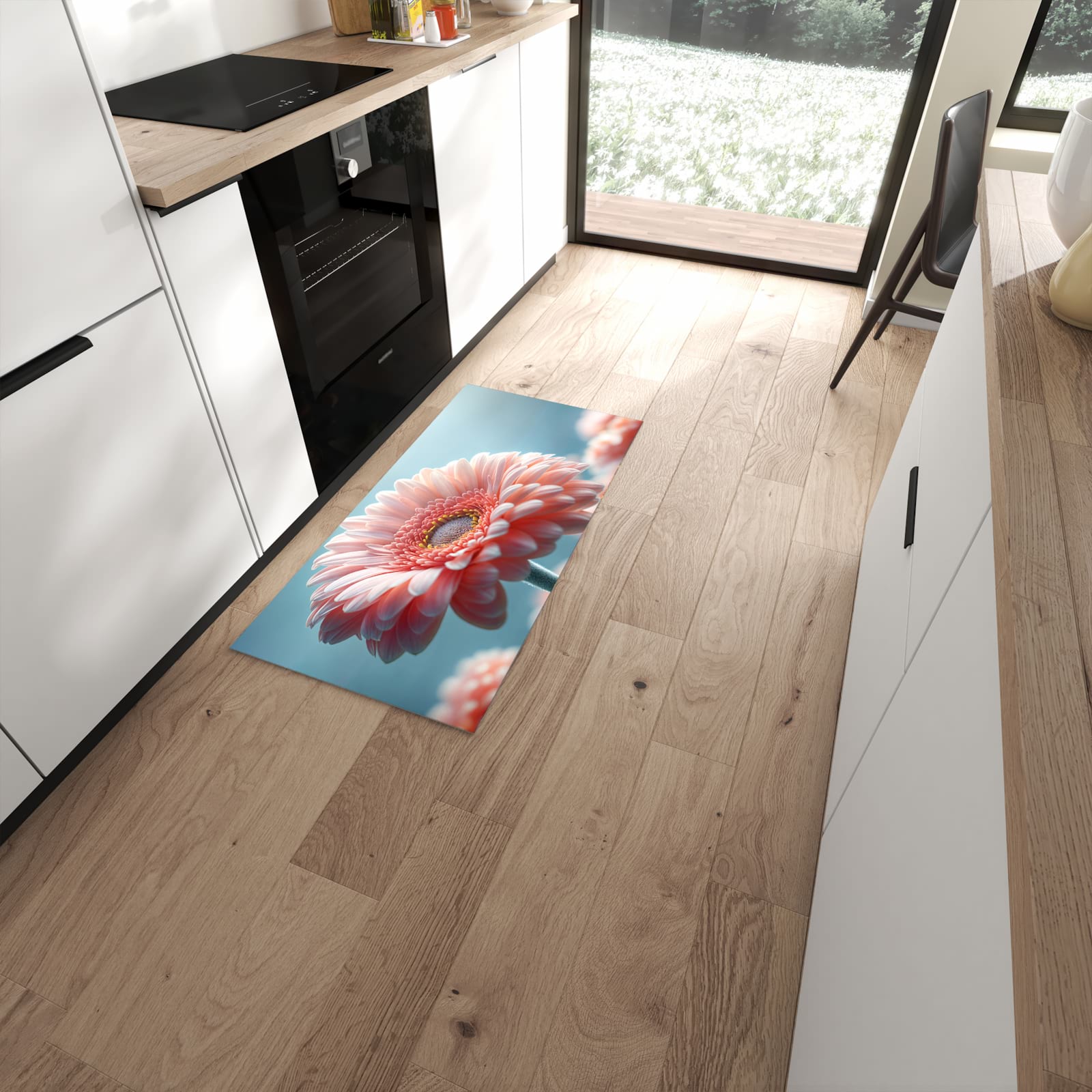 Bodenschonender waschbarer Küchenläufer mit Motiv Warme Blumenpracht in moderner Küche #grösse_60 x 120 cm