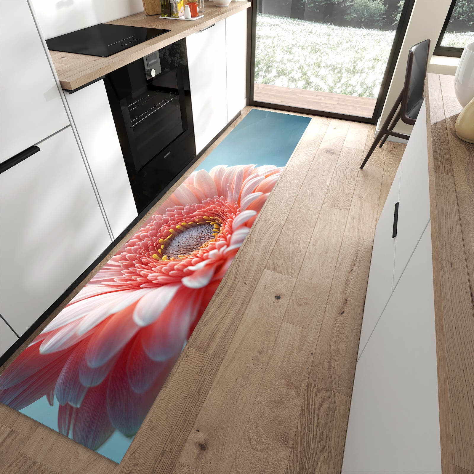 Geräuschdämpfender dünner Teppich mit Motiv Warme Blumenpracht in moderner Küche