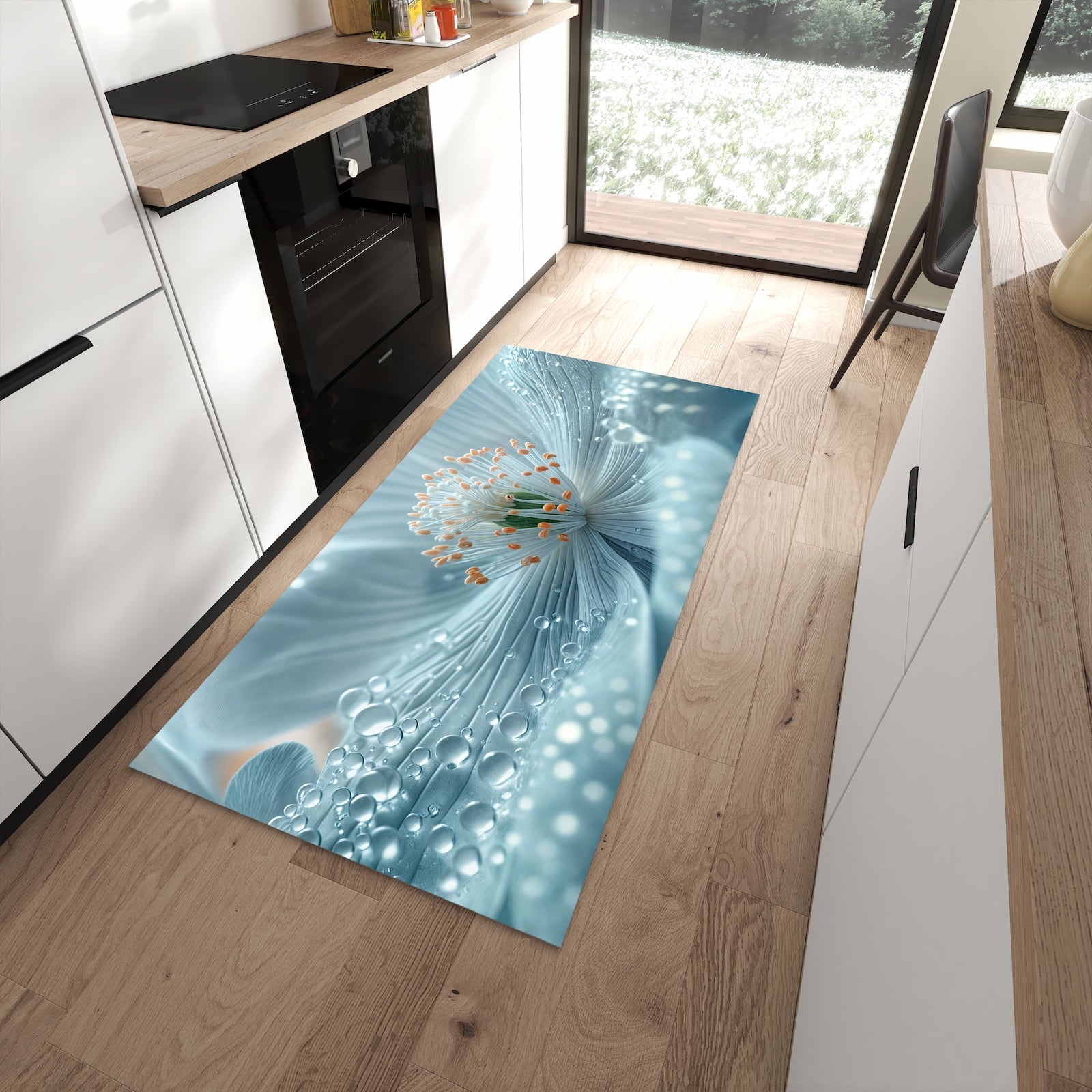 Bodenschonender Küchenteppich mit Motiv Verträumte Blumenpracht in moderner Küche