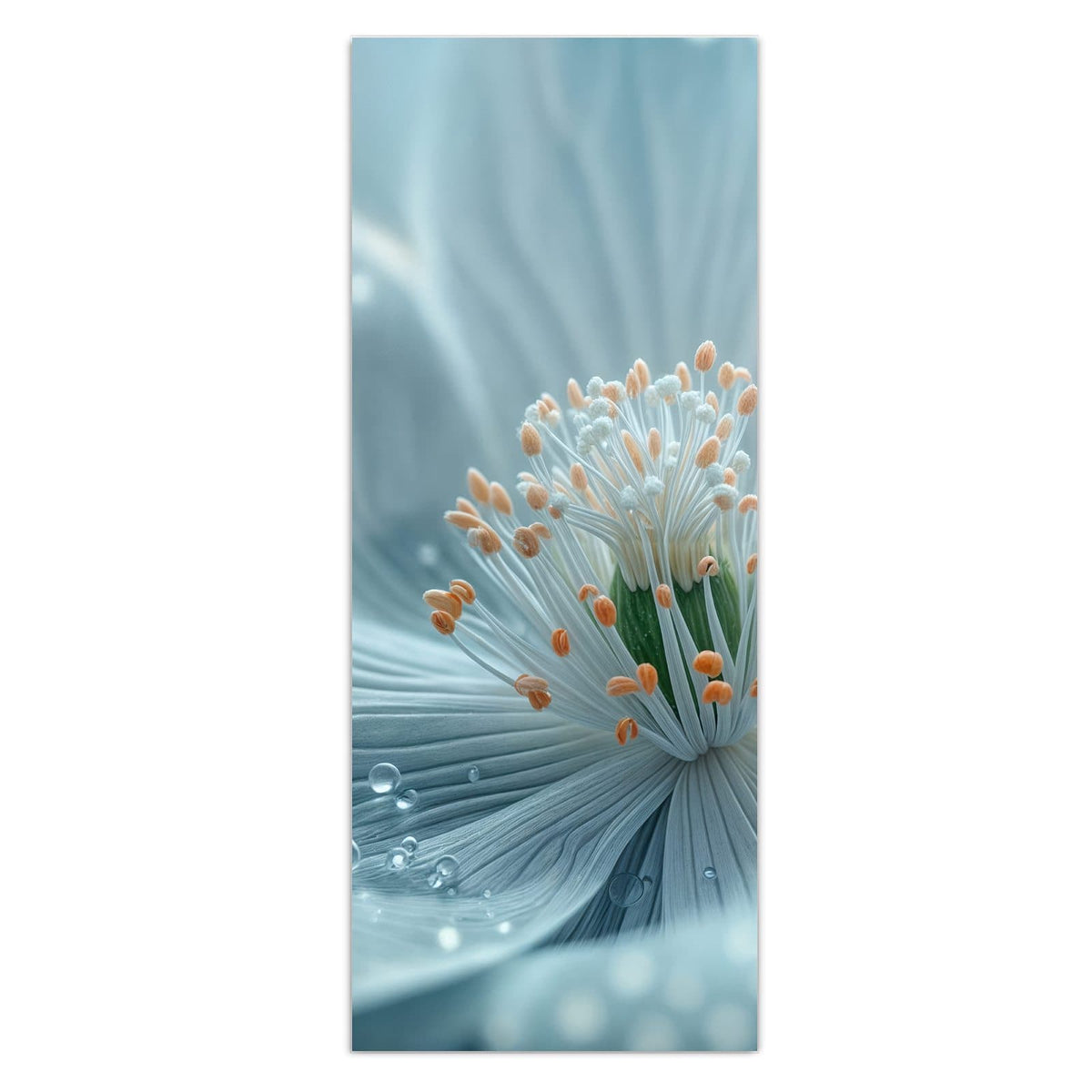 Makro einer eisblauen Blüte mit weißen Staubfäden, orangen Spitzen und Wassertropfen