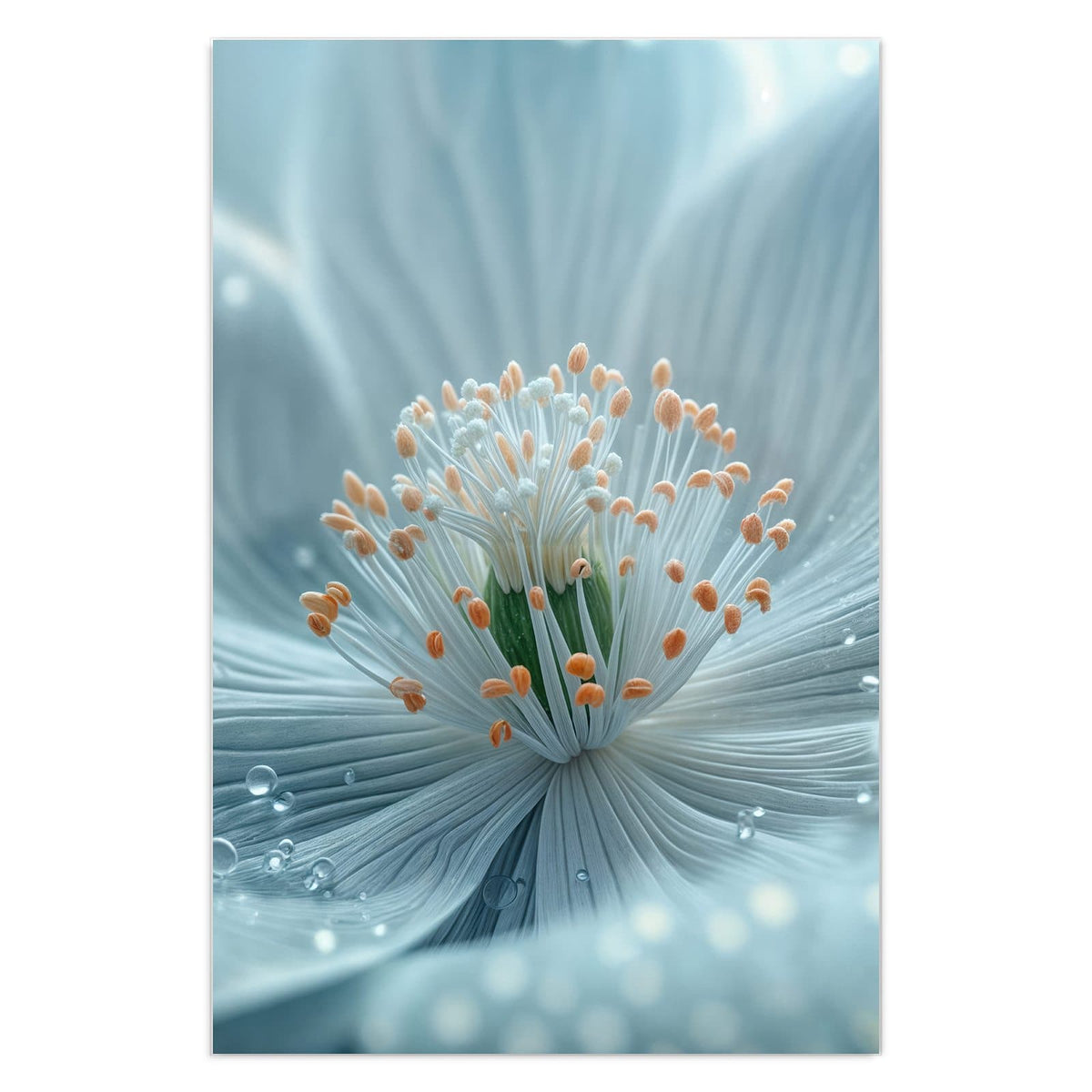 Makro einer eisblauen Blüte mit weißen Staubfäden, orangen Spitzen und Wassertropfen
