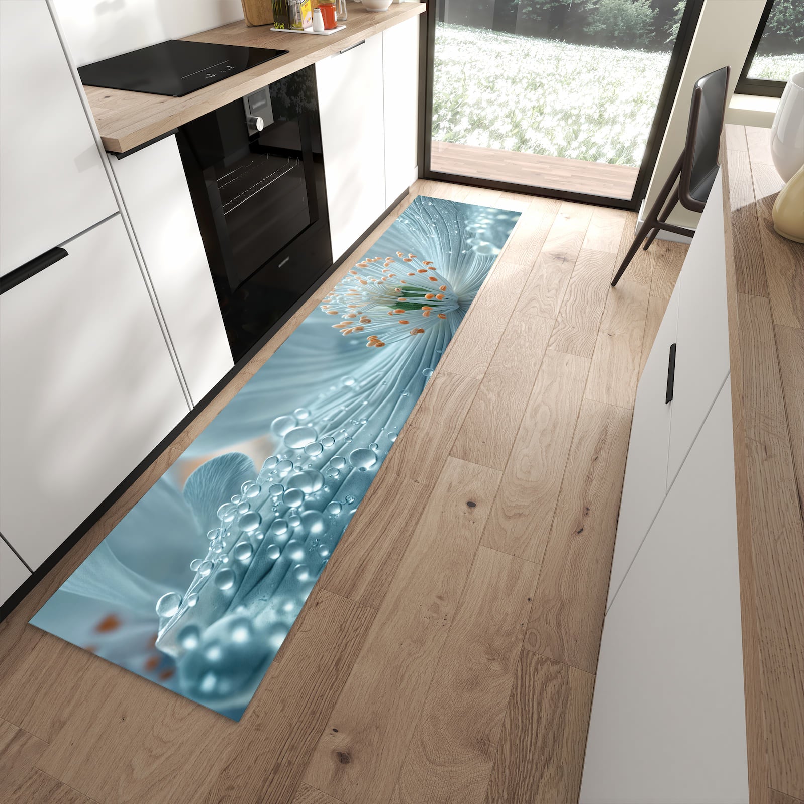 Küchenläufer mit Motiv Verträumte Blumenpracht für angenehme Haptik in moderner Küche