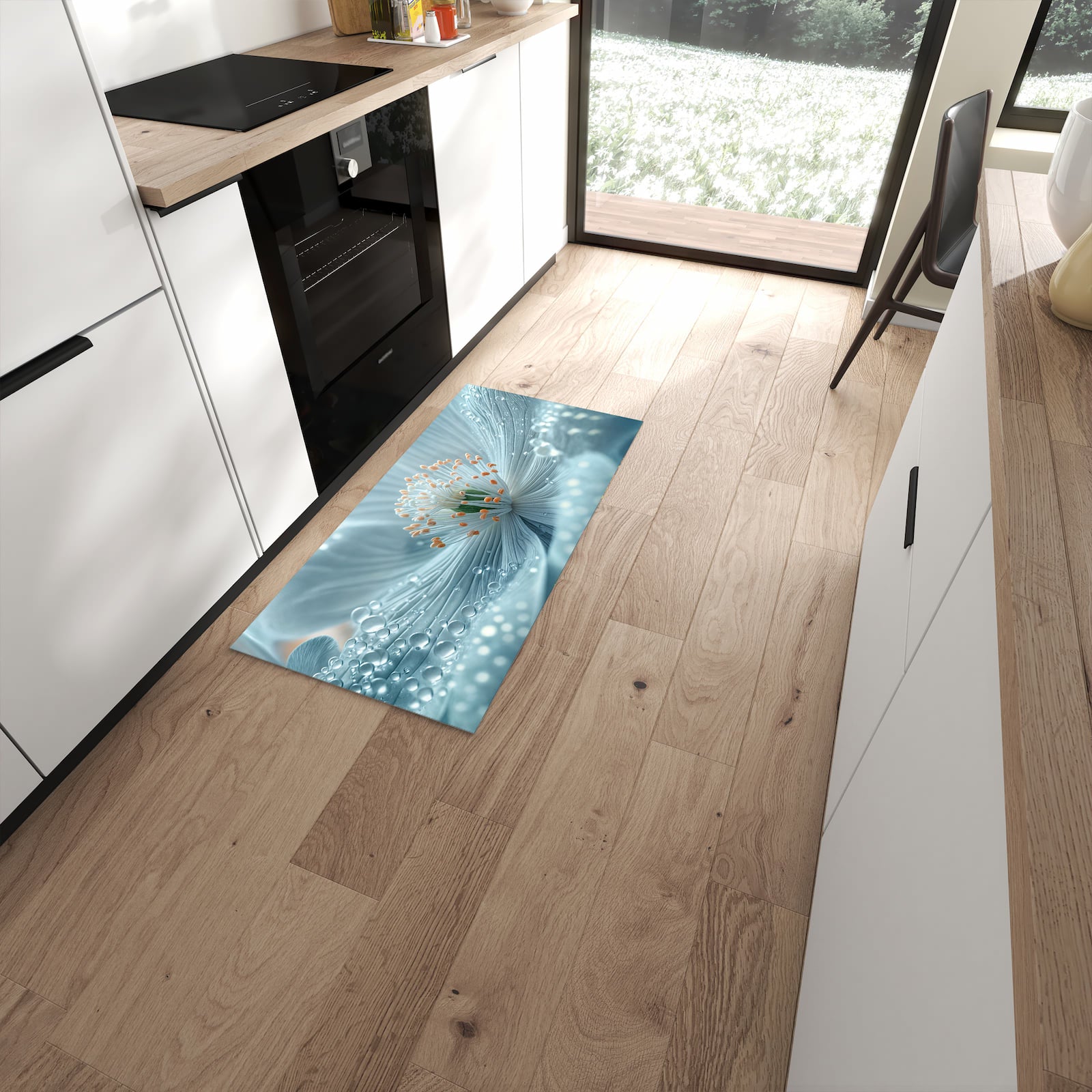 Pflegeleichter Teppich für die Küche mit Motiv Verträumte Blumenpracht in moderner Küche #grösse_60 x 120 cm