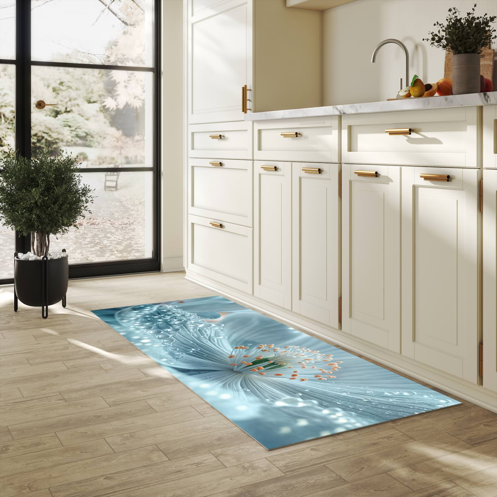 Flacher moderner Küchenläufer mit Motiv Verträumte Blumenpracht in heller Küche