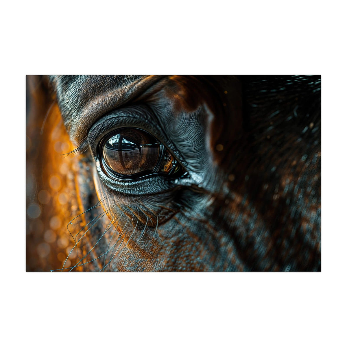 Küchenrückwand aus Glas Pferdeauge im Goldlicht im Hochformat, Motiv bildfüllend von vorn