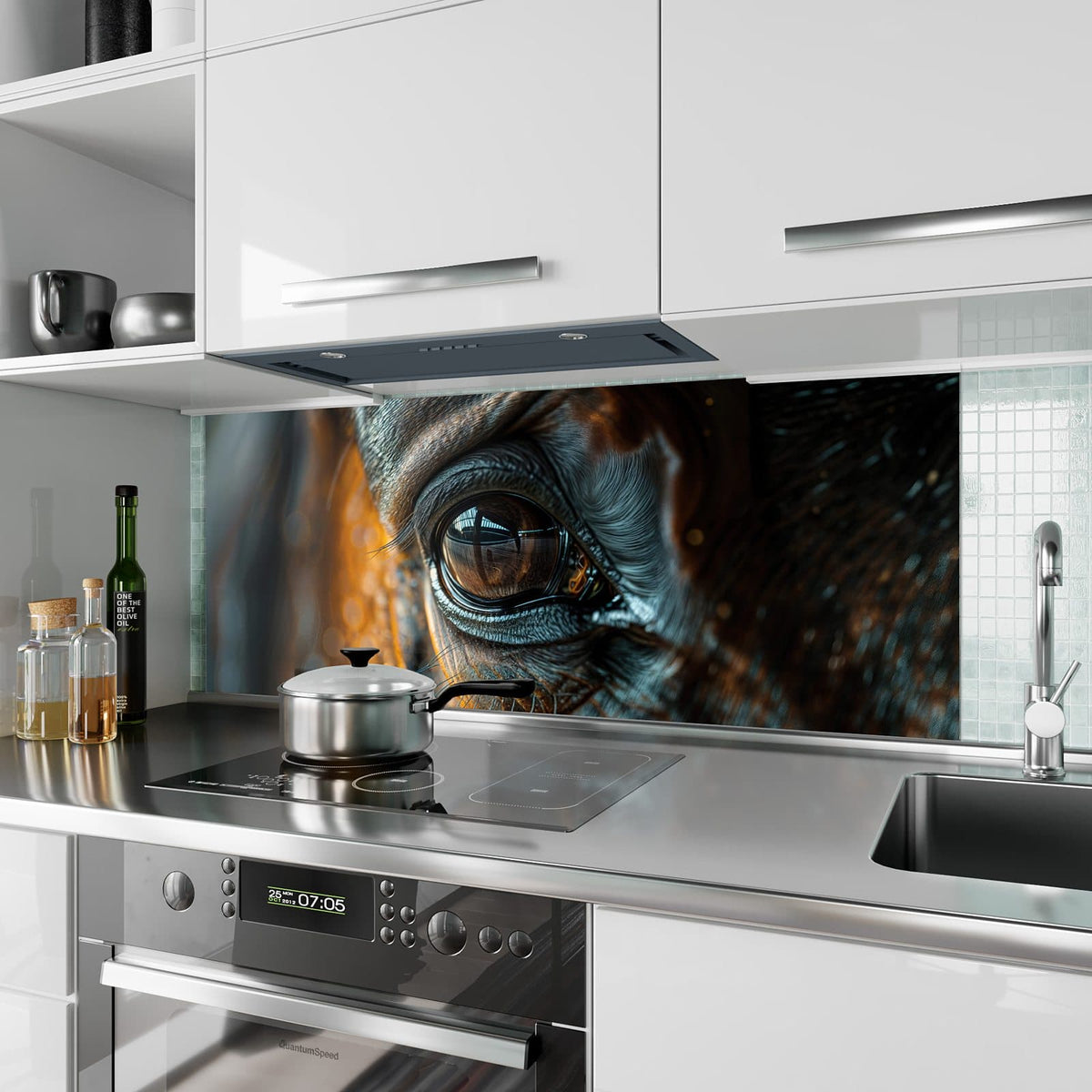 Küchenrückwand aus Glas Pferdeauge im Goldlicht im Hochformat als Spritzschutz hinter dem Kochfeld, über dem Fliesenspiegel montiert