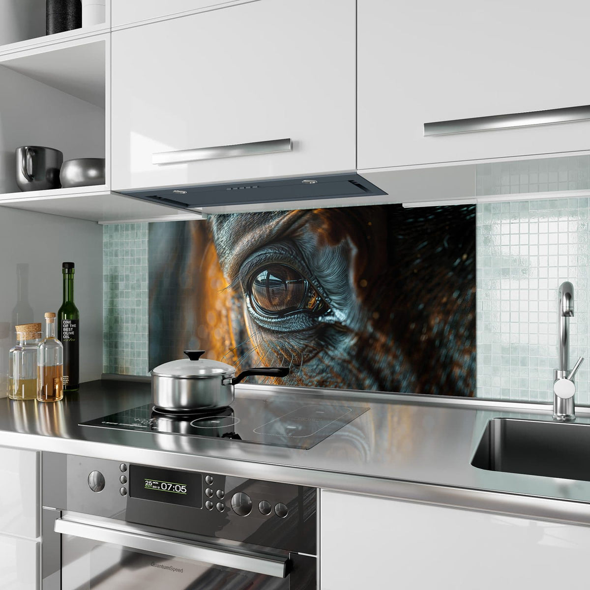 Küchenrückwand aus Glas Pferdeauge im Goldlicht im Hochformat als Spritzschutz hinter dem Kochfeld, über dem Fliesenspiegel montiert