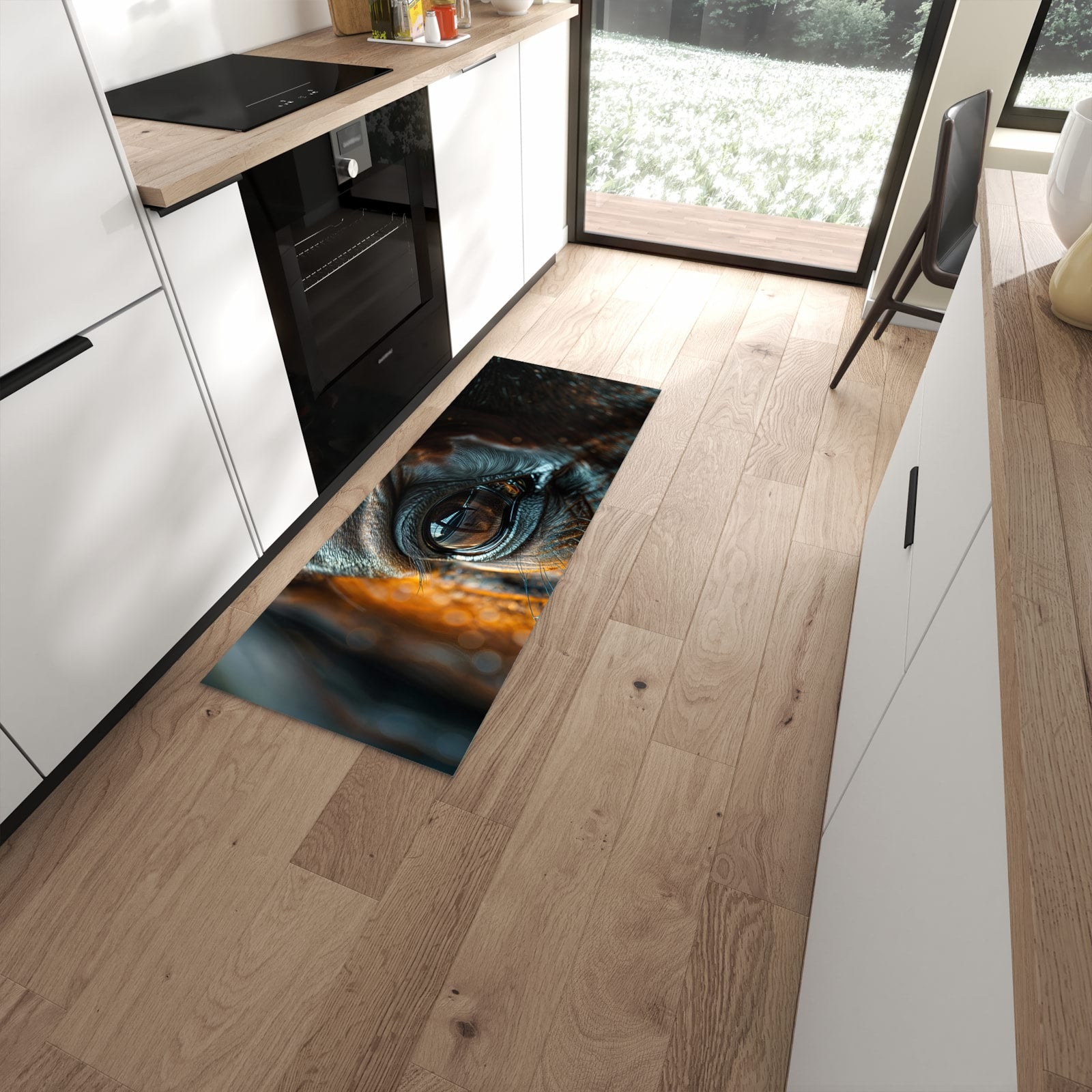 Waschbarer Küchenläufer mit Motiv Pferdeauge in moderner Küche für sicheres Aufbewahren #grösse_60 x 150 cm