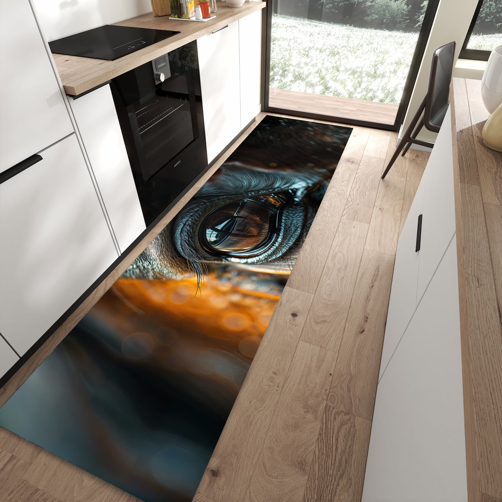 Geruchsneutraler Küchenteppich mit Motiv Pferdeauge in moderner Küche
