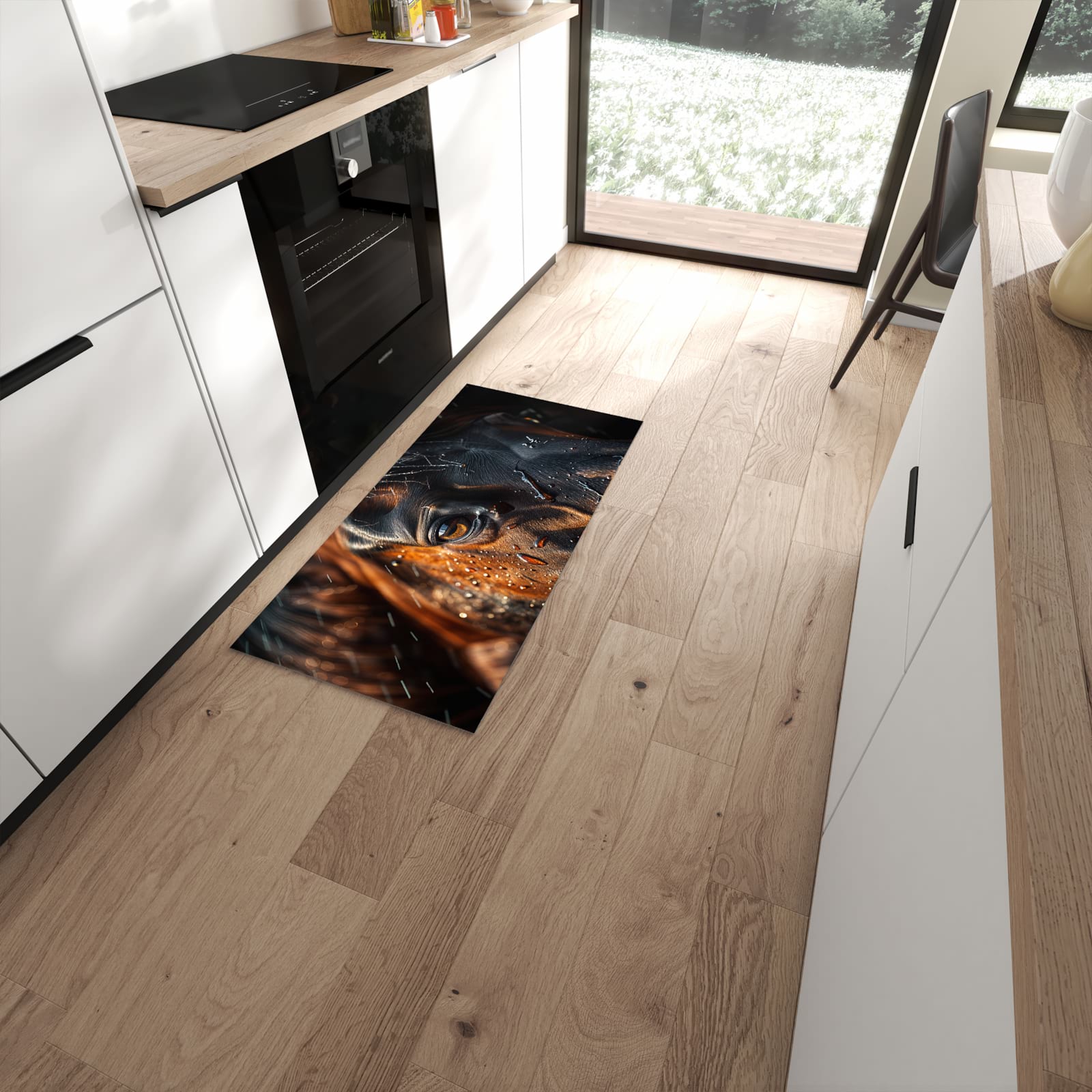 Rutschfester Küchenläufer mit Motiv Pferdeauge im Regen in moderner Küche #grösse_60 x 120 cm