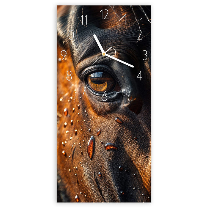 Wanduhr Pferdeauge im Regen aus Glas – Hochformat 30 × 60 cm mit Ziffernblatt Elegant