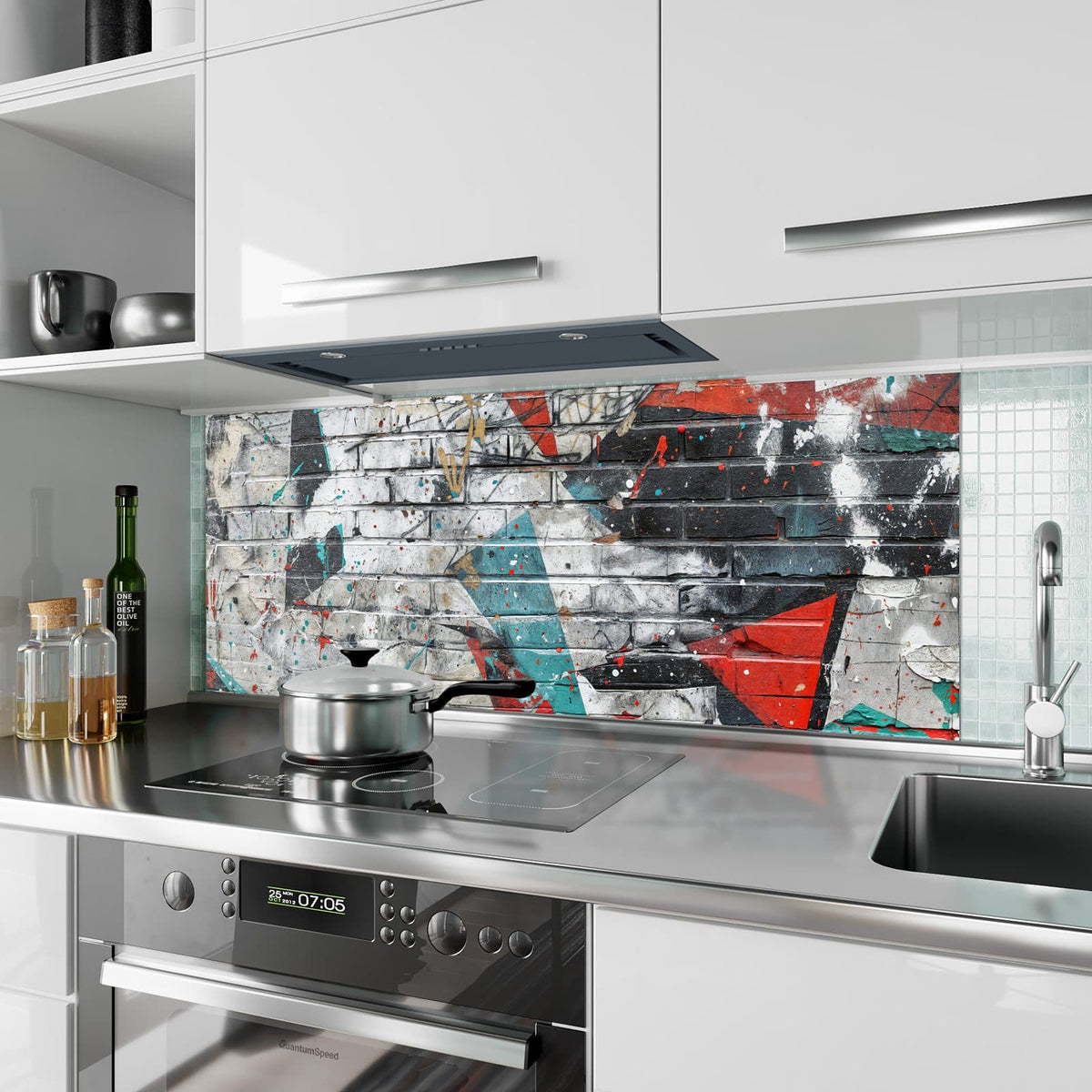 Küchenrückwand aus Glas Zickzack-Graffiti im Hochformat als Spritzschutz hinter dem Kochfeld, über dem Fliesenspiegel montiert