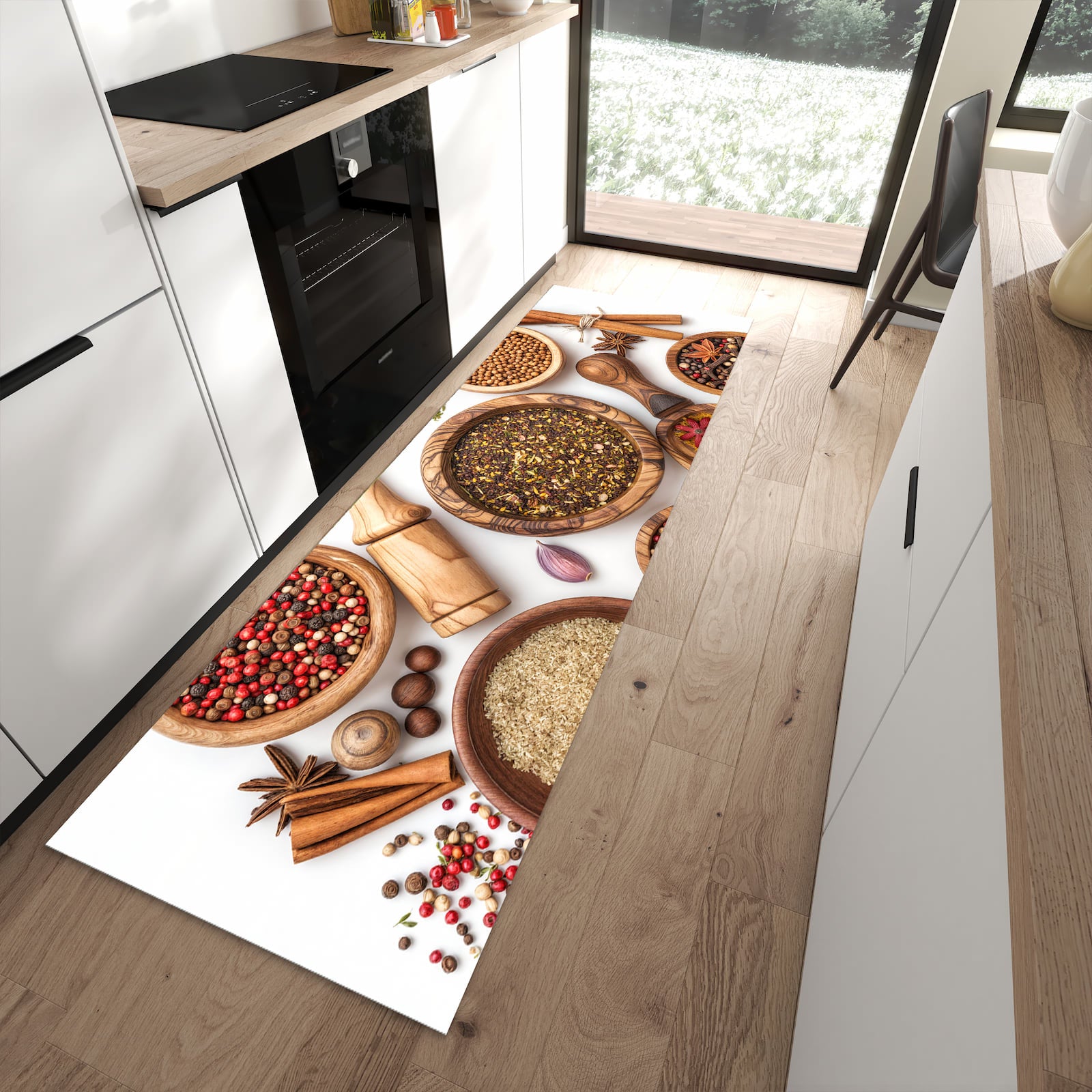 Geruchsneutraler rutschfester Küchenteppich mit Motiv Gewürzsammlung Zubehör in moderner Küche