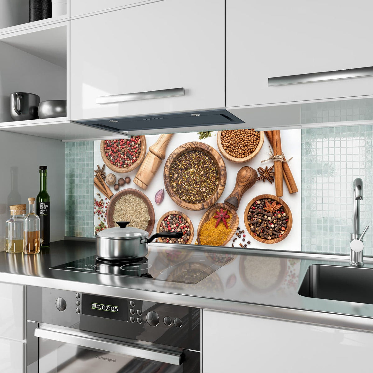 Küchenrückwand aus Glas Gewürze und Mörser im Hochformat als Spritzschutz hinter dem Kochfeld, über dem Fliesenspiegel montiert
