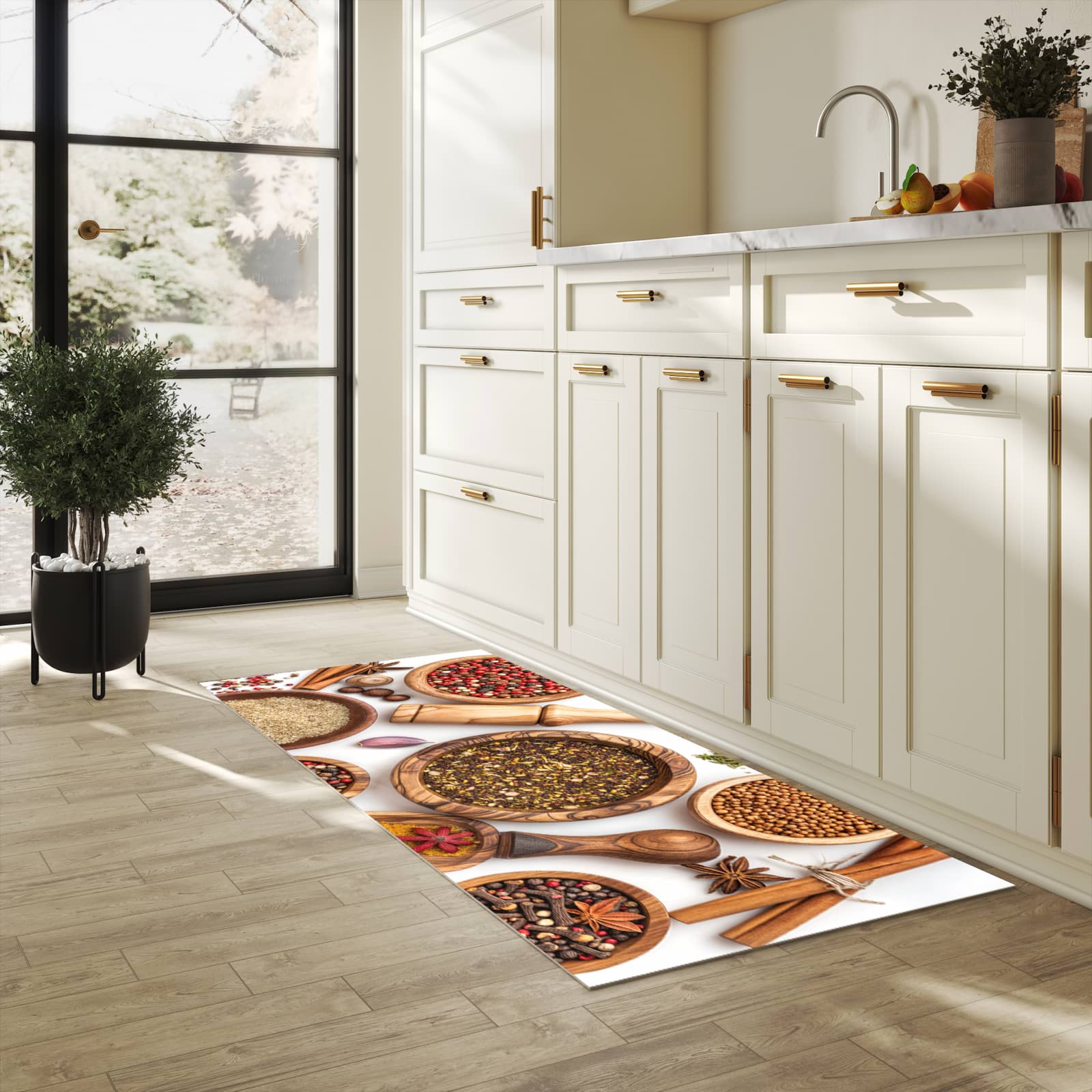 Küchenvorleger mit Motiv Gewürzsammlung Zubehör in heller Küche für sichere Aufbewahrung