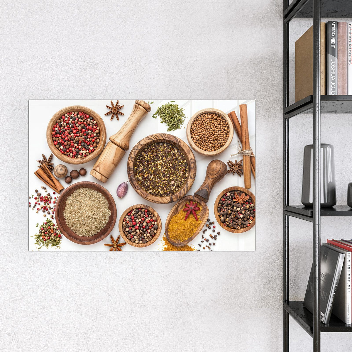 Magnettafel - Gewürze und Mörser – Gewürze in hellen Holzschalen