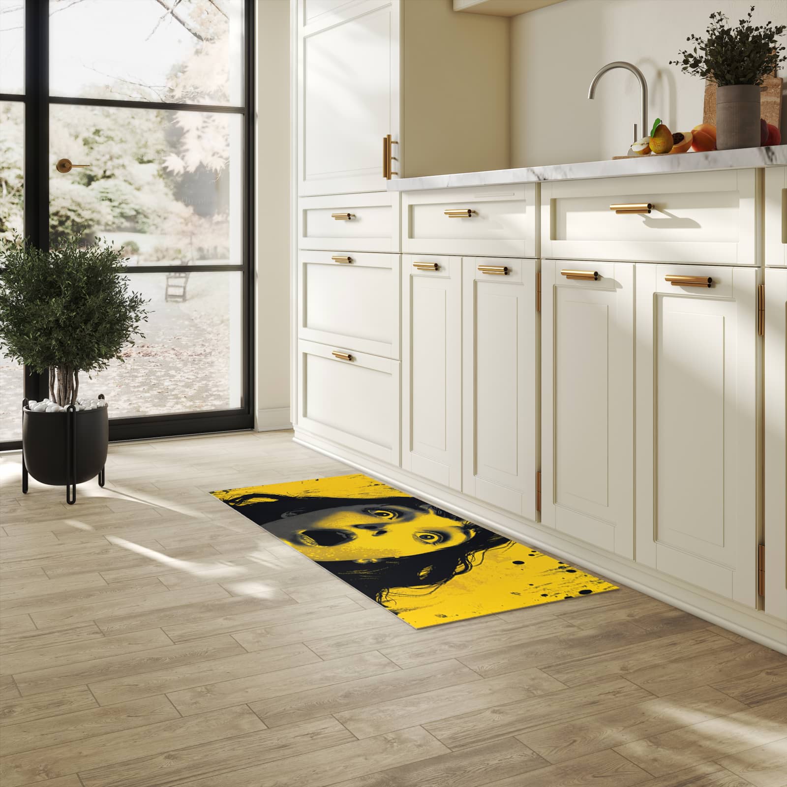 Geruchsneutraler rutschfester Küchenläufer mit Motiv Schreiendes Portrait in heller Küche