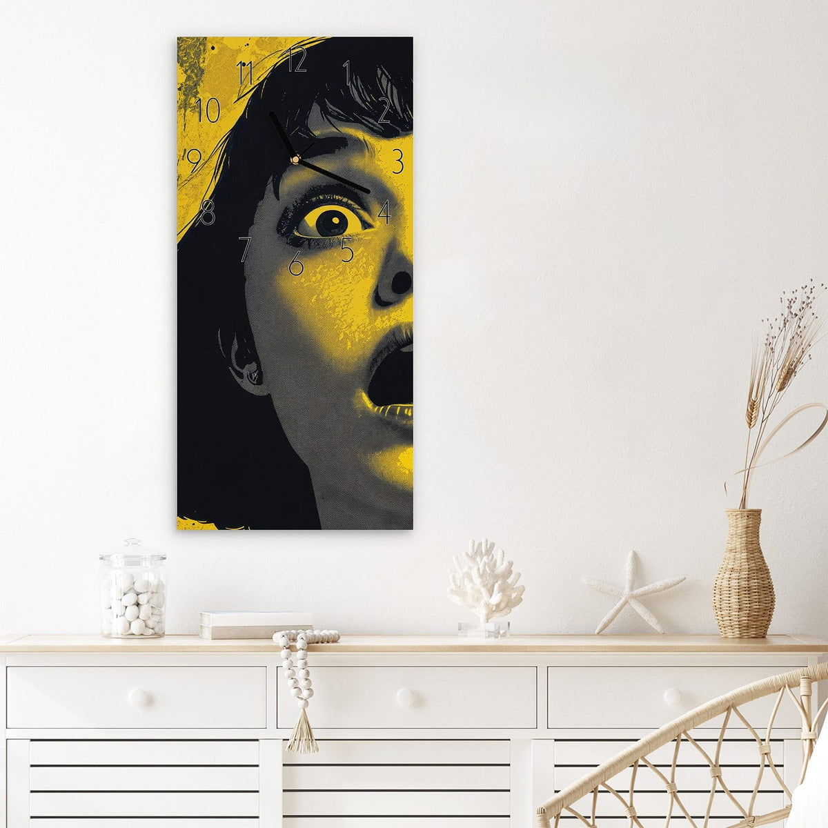 Wanduhr Schreiendes Portrait aus Glas – Schreiendes Gesicht in Gelb und Schwarz