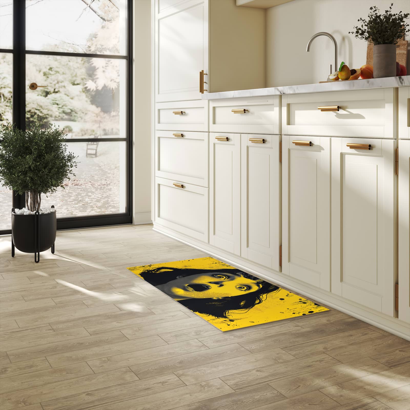 Schmutzabweisender Küchenläufer mit Motiv Schreiendes Portrait in heller Küche