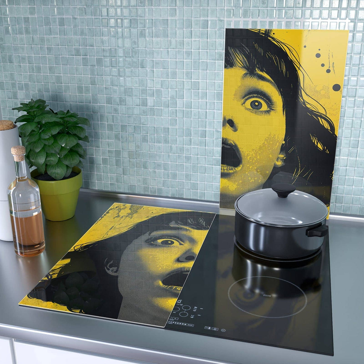 1-teilige Herdabdeckplatte mit Schreiendes Portrait-Motiv als Spritzschutz hinter dem Kochfeld