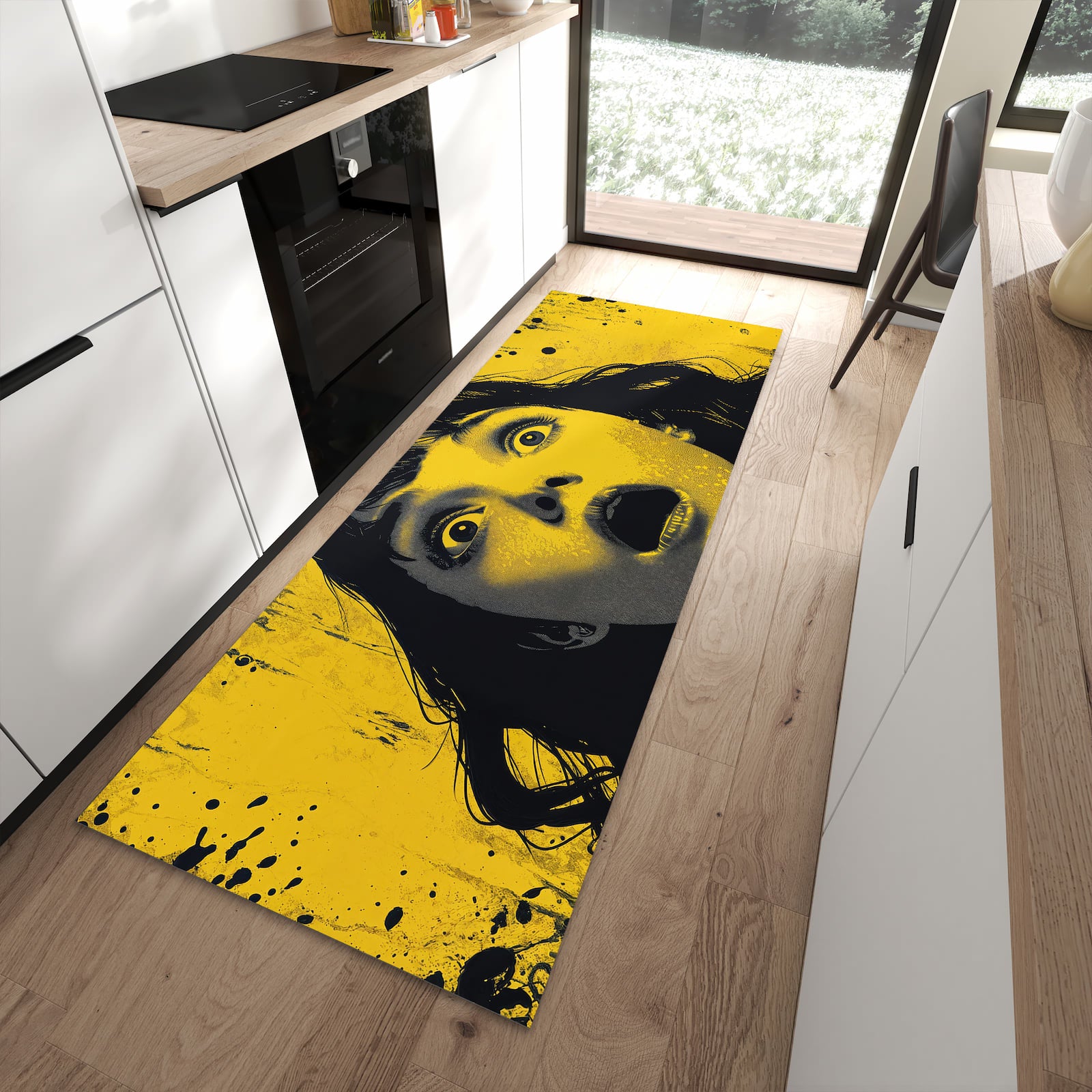 Waschbarer Küchenläufer mit Motiv Schreiendes Portrait in moderner Küche für sichere Aufbewahrung