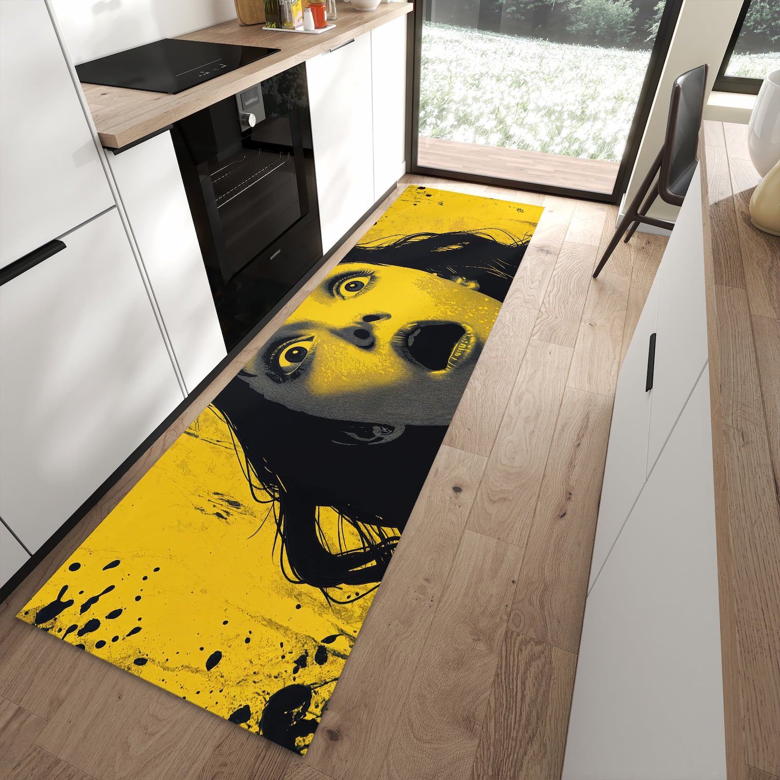 Bodenschonender Küchenläufer mit Motiv Schreiendes Portrait in moderner Küche