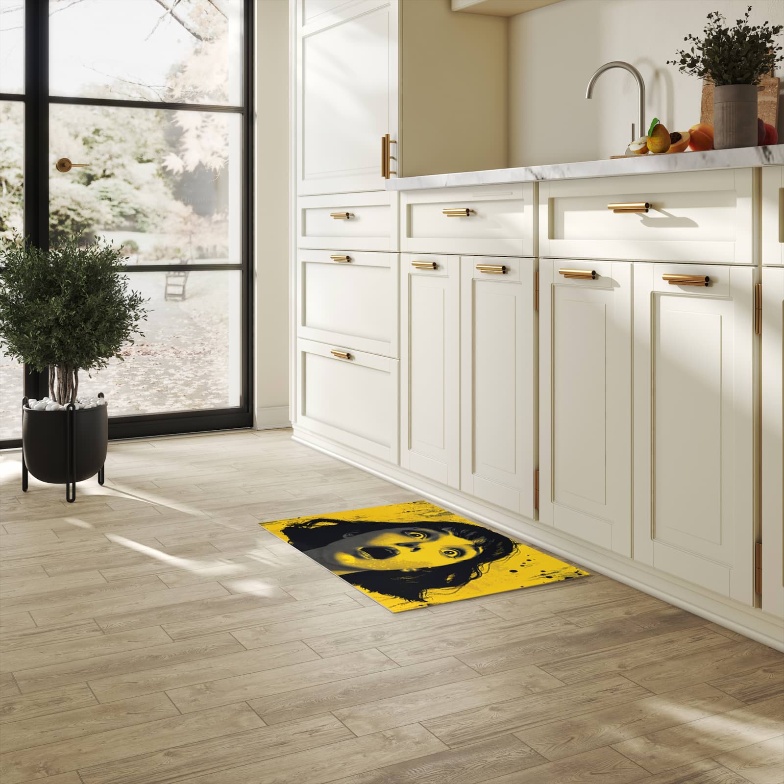 Rutschhemmender Küchenläufer mit Motiv Schreiendes Portrait in heller Küche