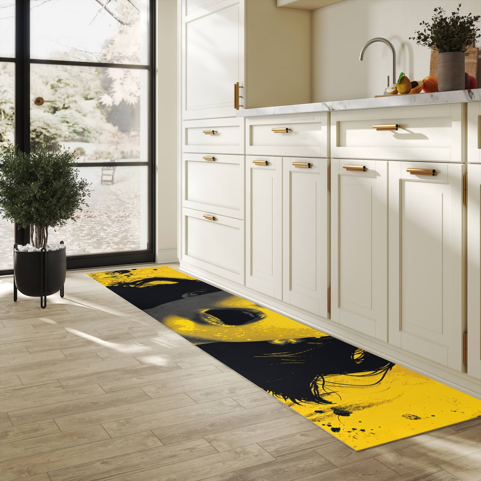 Komfortabler moderner Küchenläufer mit Motiv Schreiendes Portrait in heller Küche