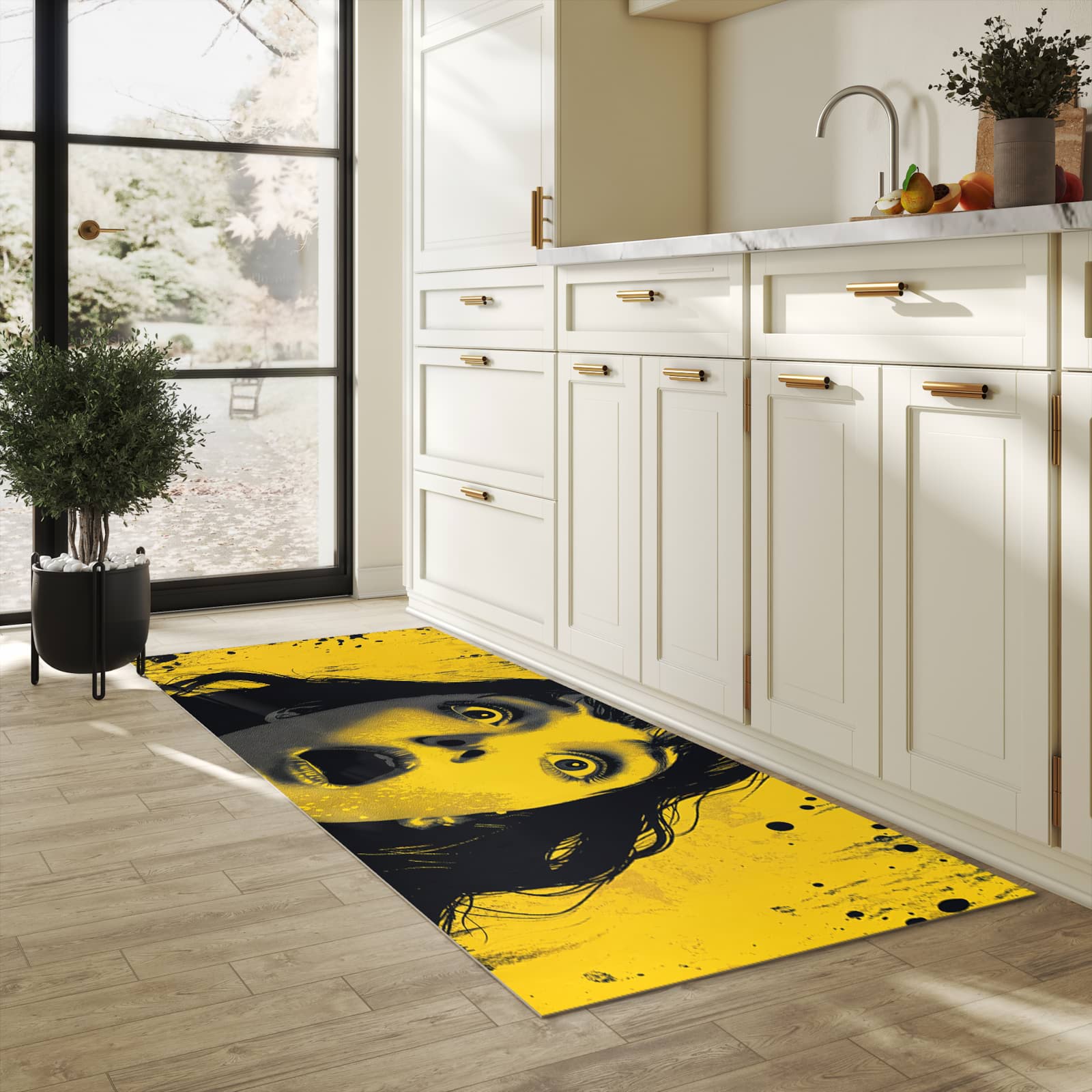Langlebiger Teppich für die Küche mit Motiv Schreiendes Portrait in heller Küche