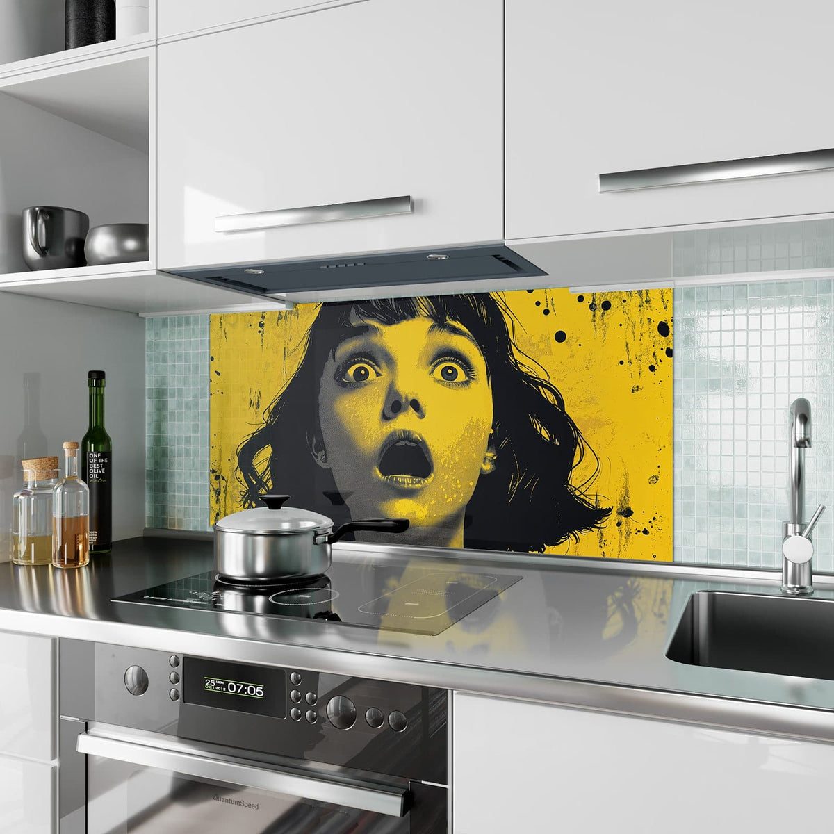 Küchenrückwand aus Glas Schrei in Gelb im Hochformat als Spritzschutz hinter dem Kochfeld, über dem Fliesenspiegel montiert