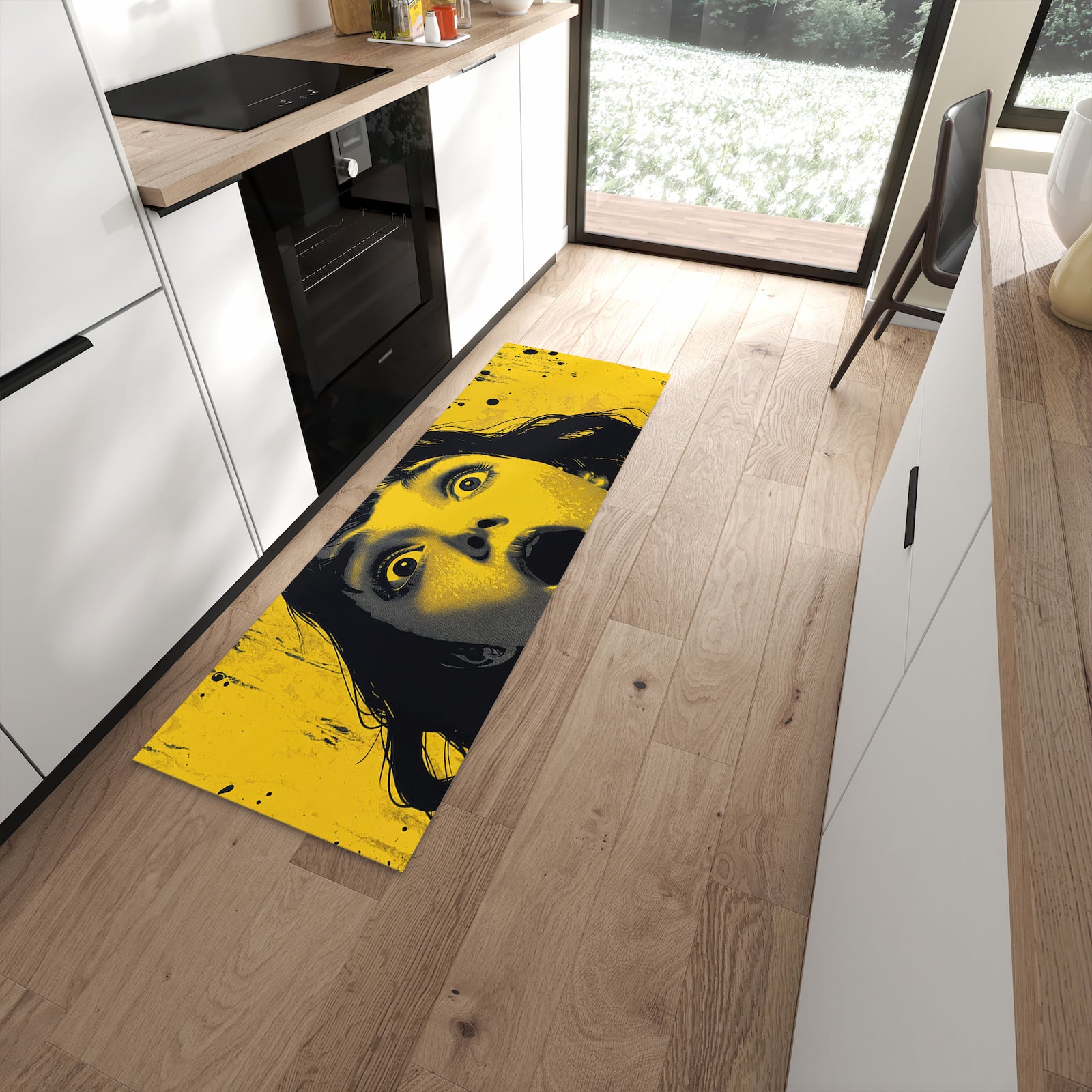 Strapazierfähiger Läufer für die Küche mit Motiv Schreiendes Portrait in moderner Küche