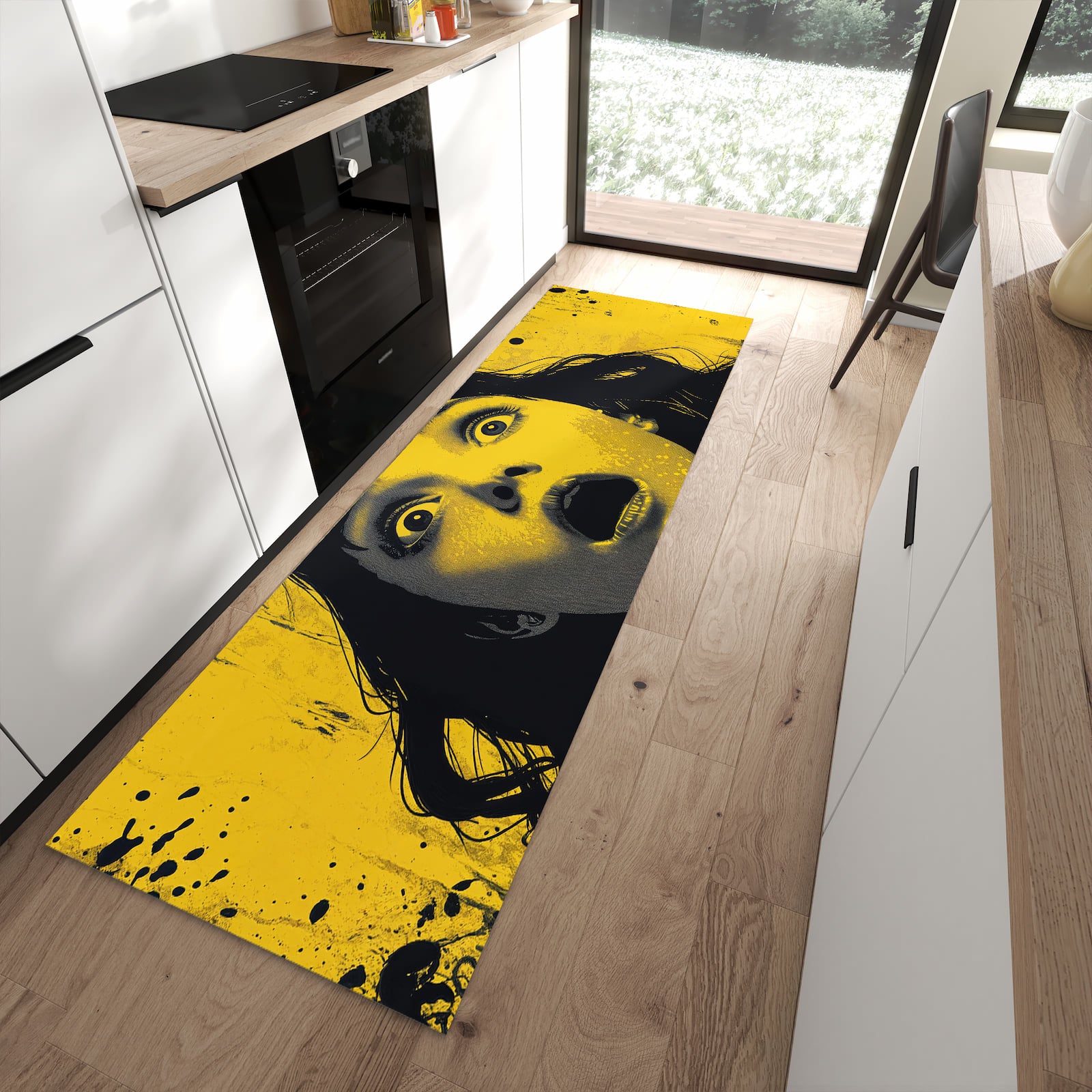 Ordnungsschaffender Küchenläufer mit Motiv Schreiendes Portrait in moderner Küche