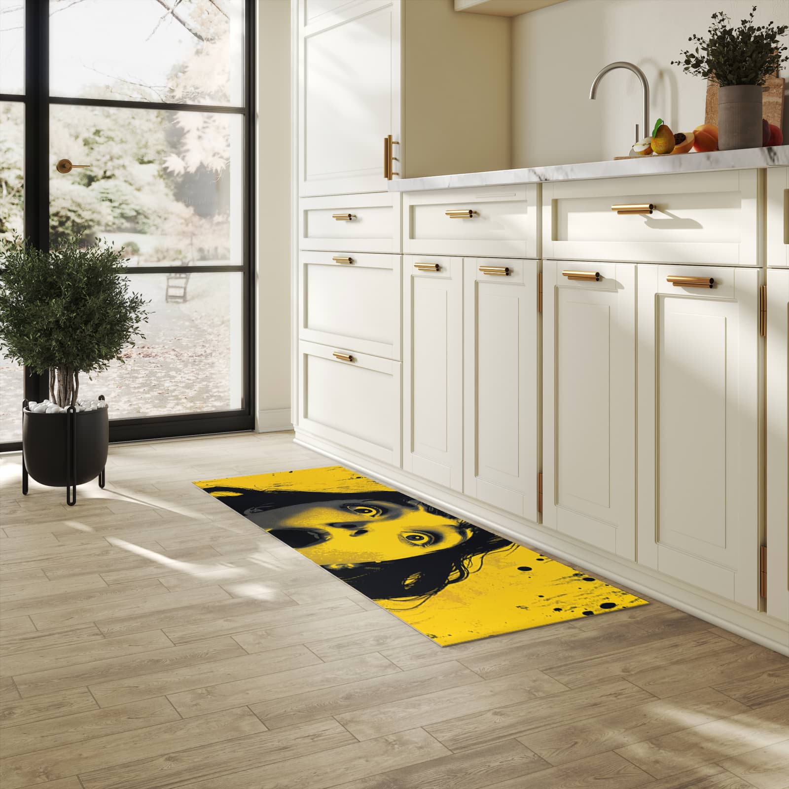 Langlebiger Küchenläufer mit Motiv Schreiendes Portrait in heller Küche