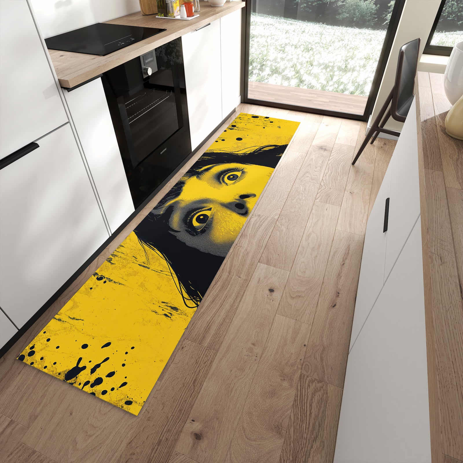 Langlebiger Küchenläufer mit Motiv Schreiendes Portrait in moderner Küche