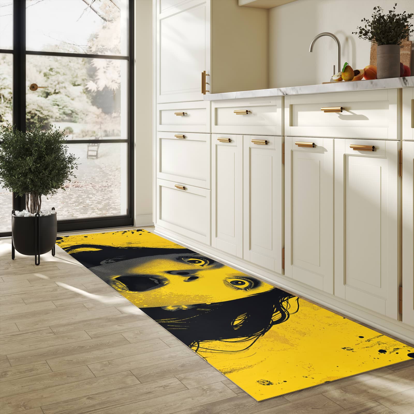 Strapazierfähiger Küchenteppich mit Motiv Schreiendes Portrait in heller Küche