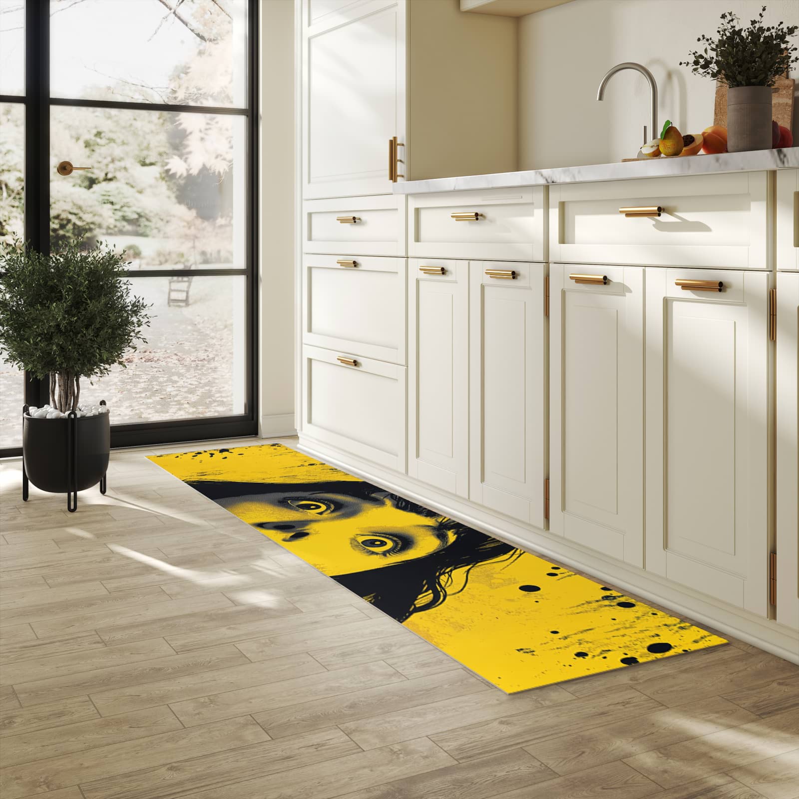 Pflegeleichter waschbarer Küchenläufer mit Motiv Schreiendes Portrait in heller Küche