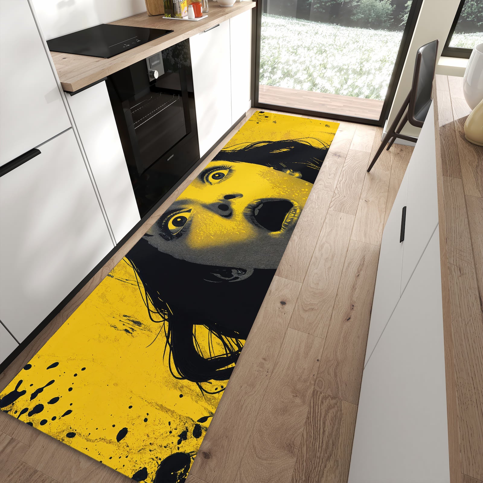 Farbbeständiger Teppichläufer mit Motiv Schreiendes Portrait in moderner Küche