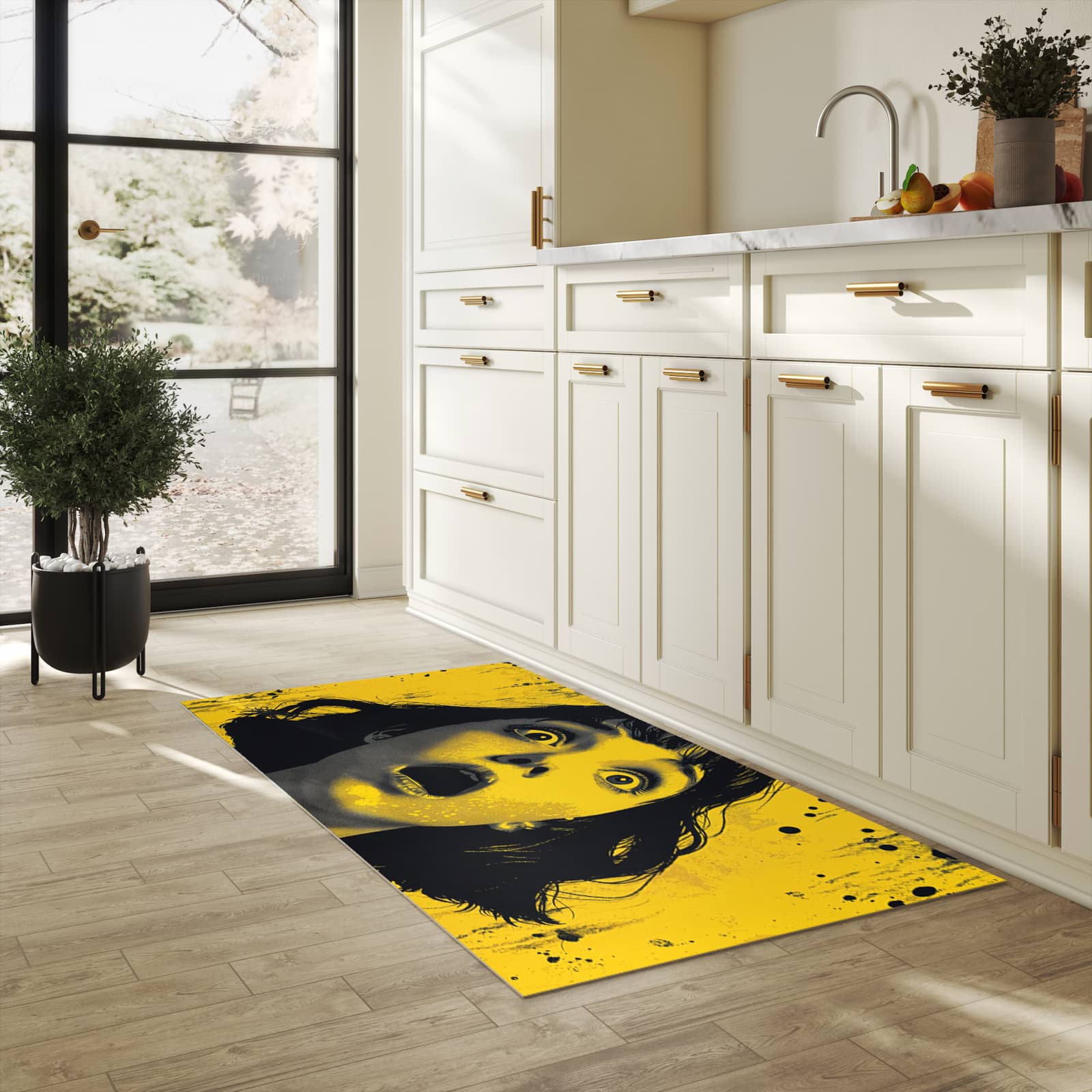 Waschbarer Küchenteppich mit Motiv Schreiendes Portrait in heller Küche