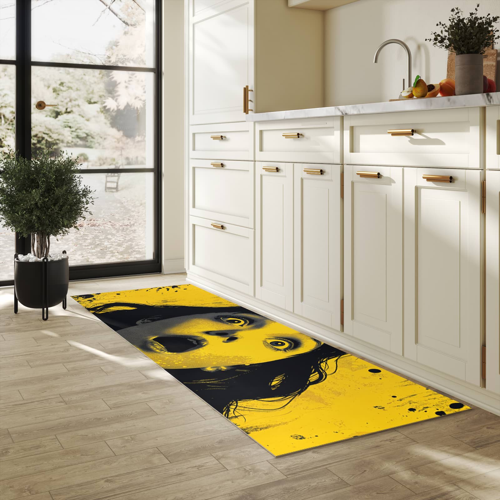 Komfortabler Küchenläufer mit Motiv Schreiendes Portrait in heller Küche