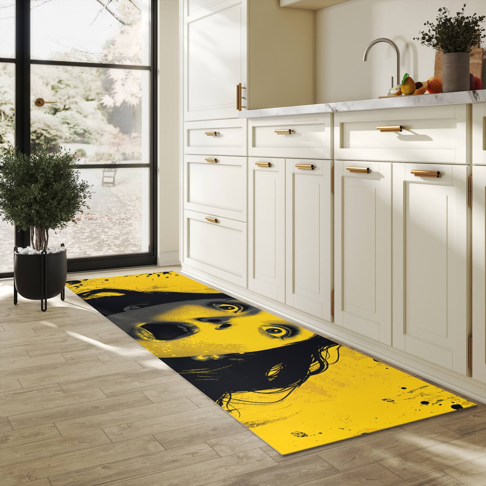 Hygienischer Küchenteppich mit Motiv Schreiendes Portrait in heller Küche