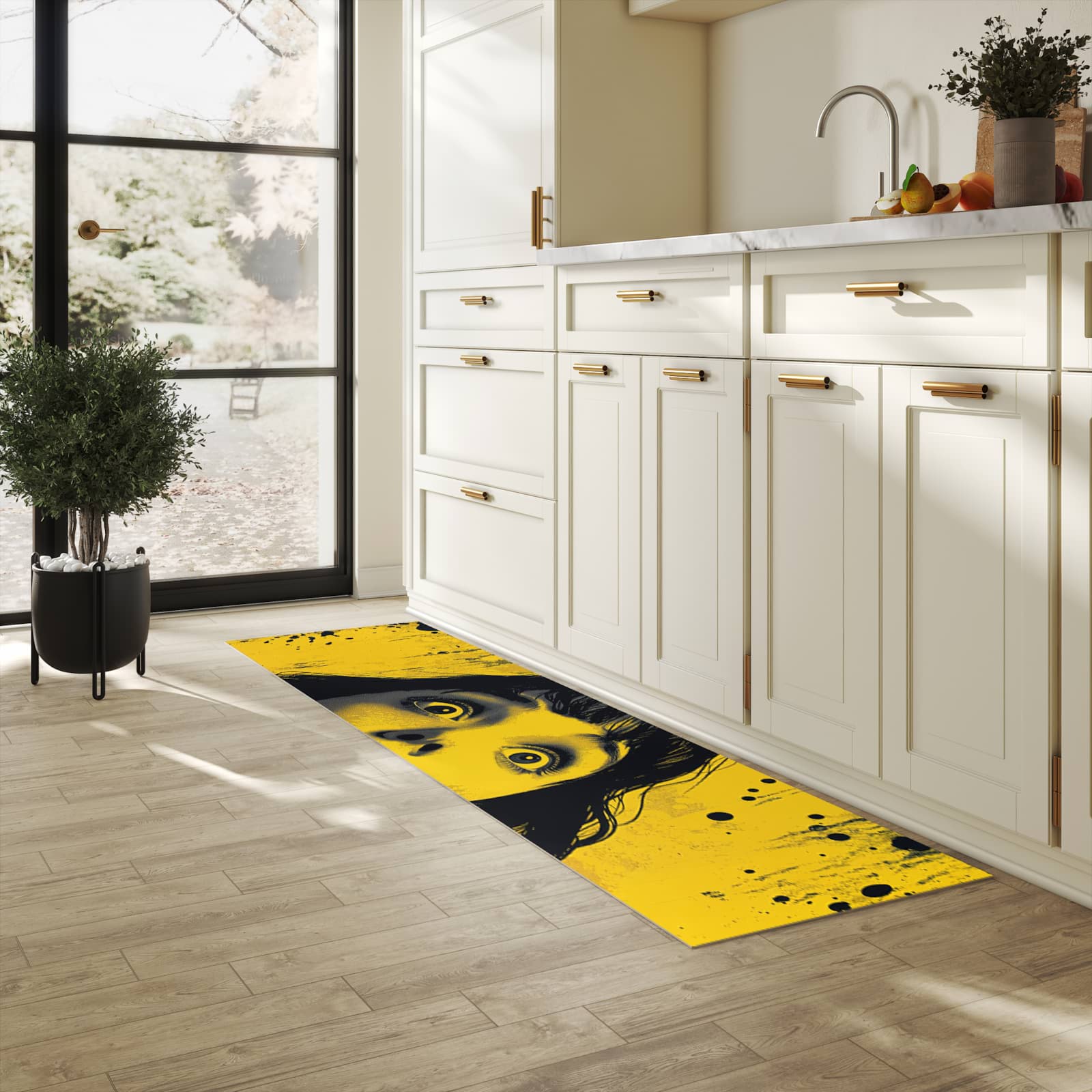 Flacher Küchenläufer nach Maß mit Motiv Schreiendes Portrait in heller Küche