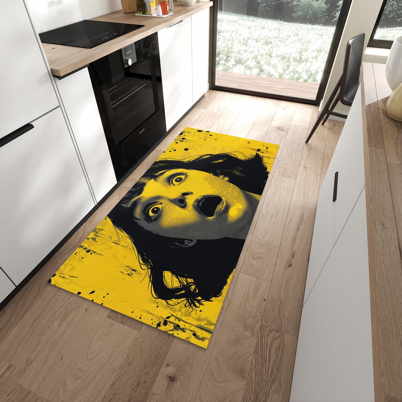 Formstabiler waschbarer Läufer für die Küche mit Motiv Schreiendes Portrait in moderner Küche