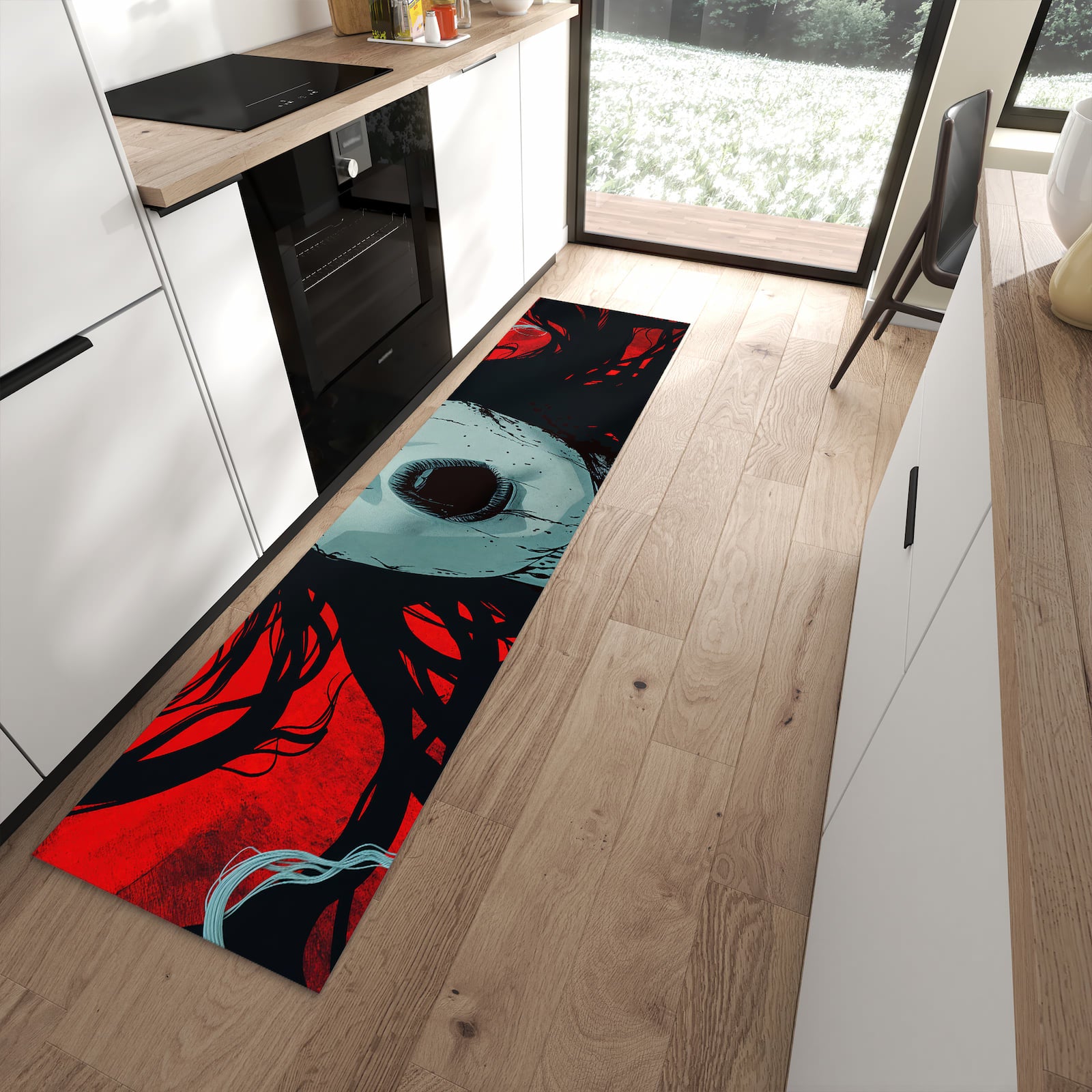 Wasserabweisender Küchenläufer mit Motiv Schreiende Person in moderner Küche