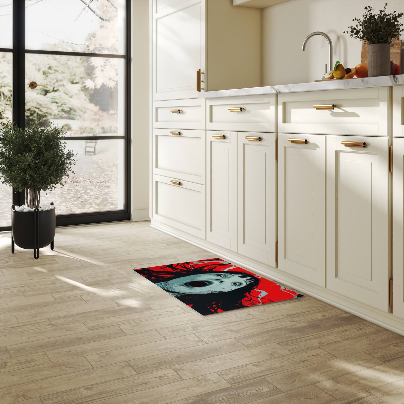 Zeitsparender waschbarer Küchenteppich mit Motiv Schreiende Person in heller Küche
