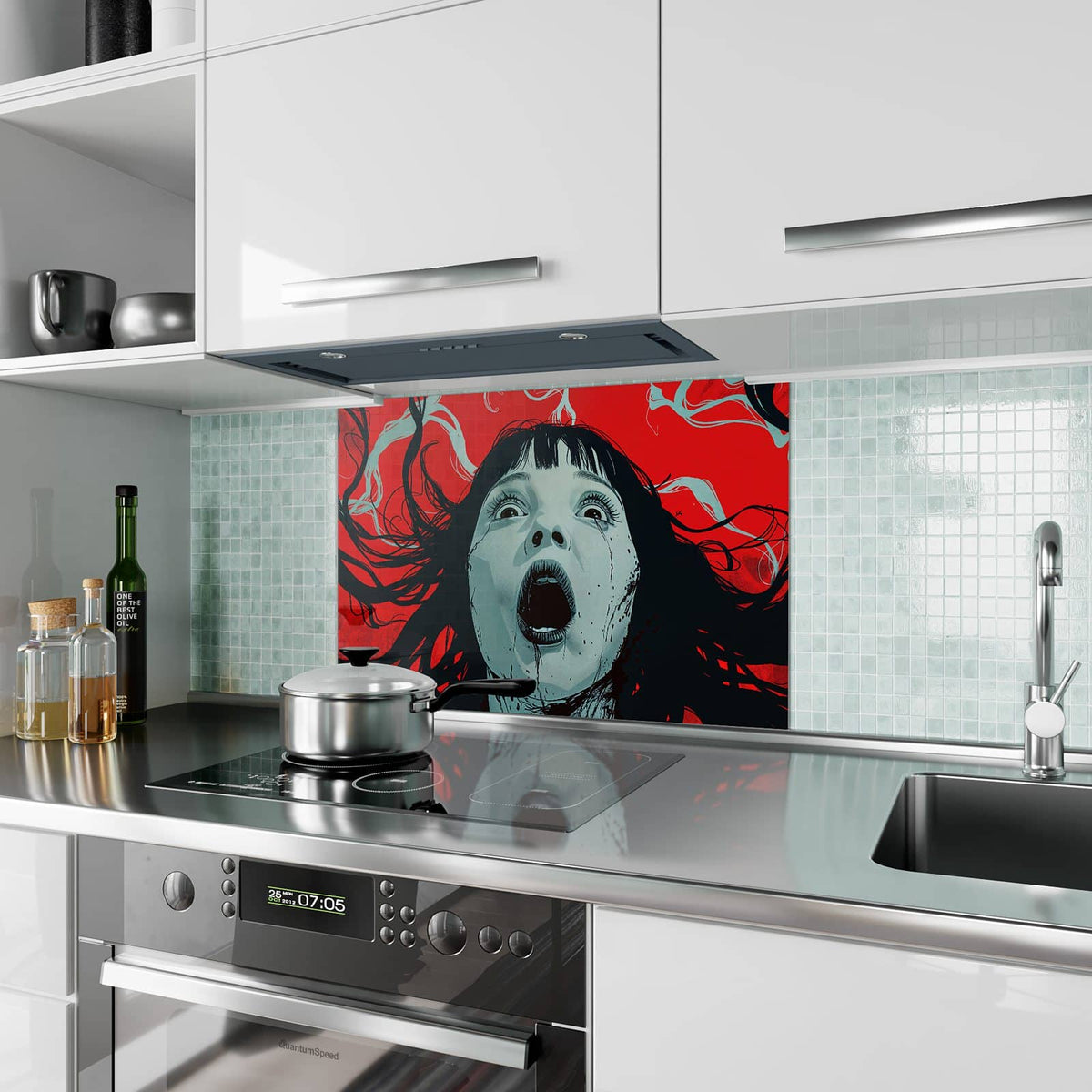 Küchenrückwand aus Glas Schrei in Rot im Hochformat als Spritzschutz hinter dem Kochfeld, über dem Fliesenspiegel montiert