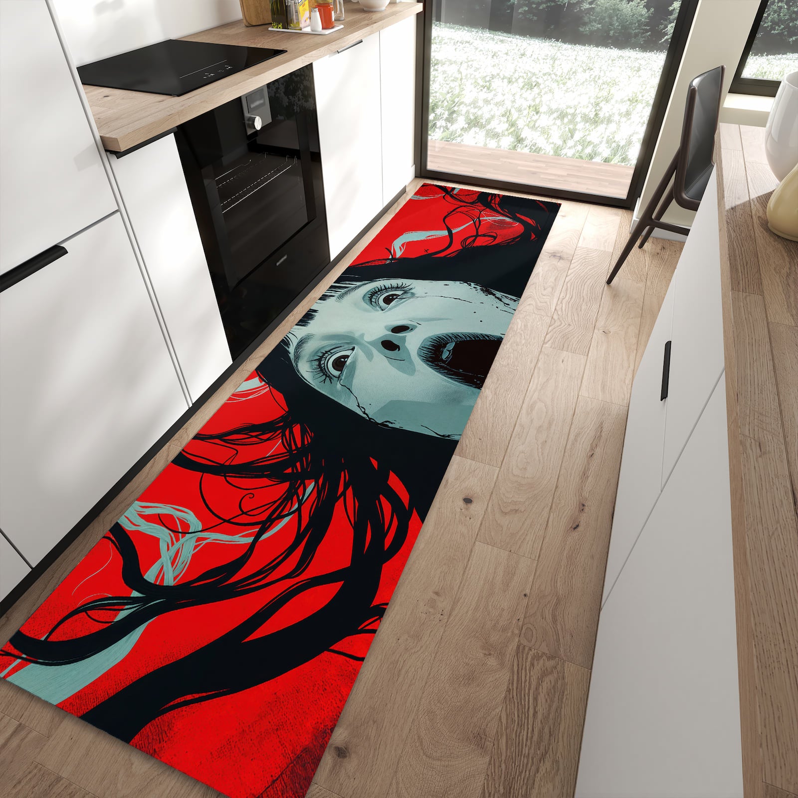 Komfortabler Küchenteppich mit Motiv Schreiende Person in moderner Küche