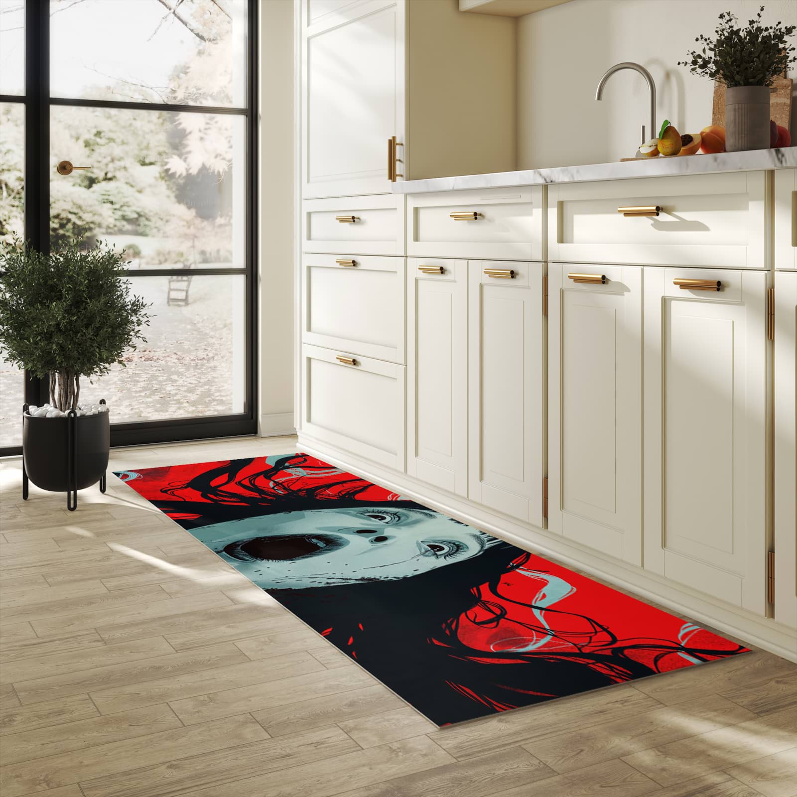 Abriebfester Küchenläufer mit Motiv Schreiende Person in heller Küche