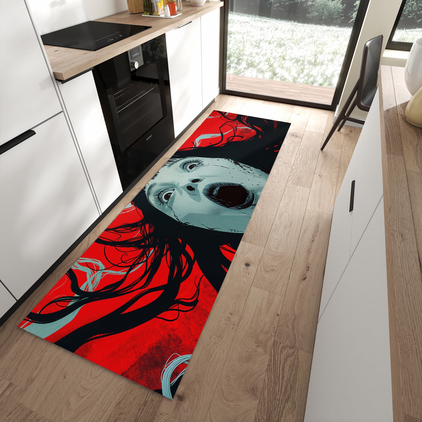 Flacher Küchenteppich mit Motiv Schreiende Person in moderner Küche