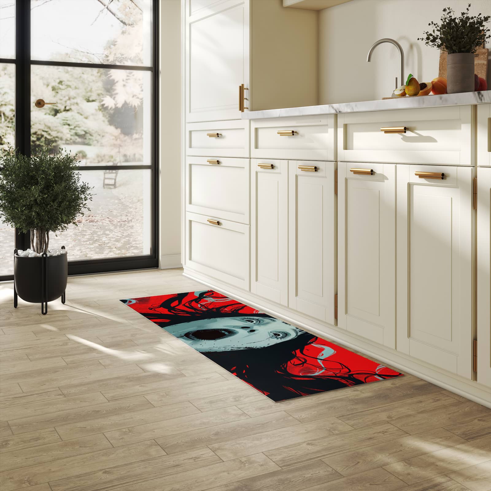 Bodenschonender waschbarer Küchenteppich mit Motiv Schreiende Person in heller Küche