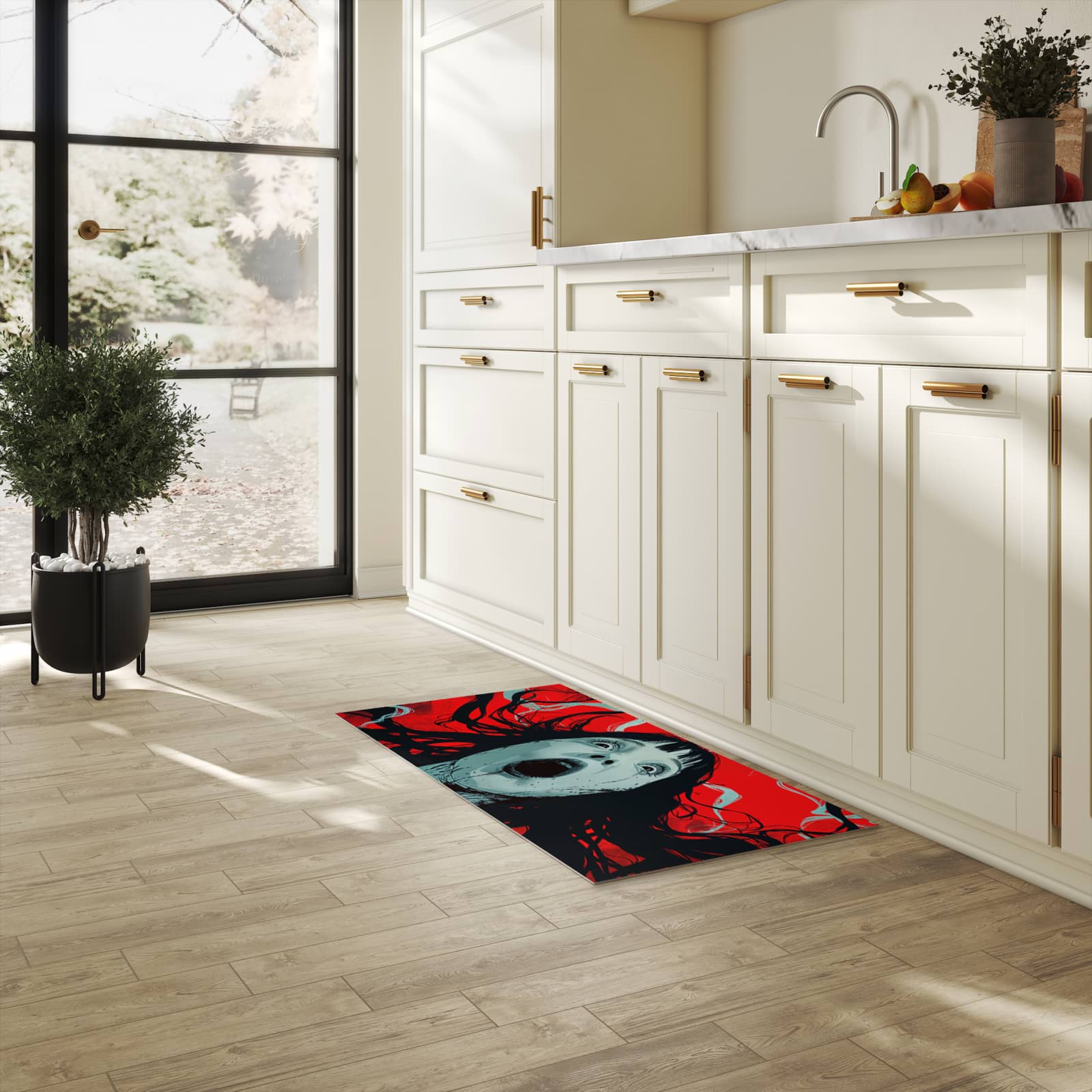 Rutschfester Küchenteppich mit Motiv Schreiende Person in heller Küche schützt den Boden